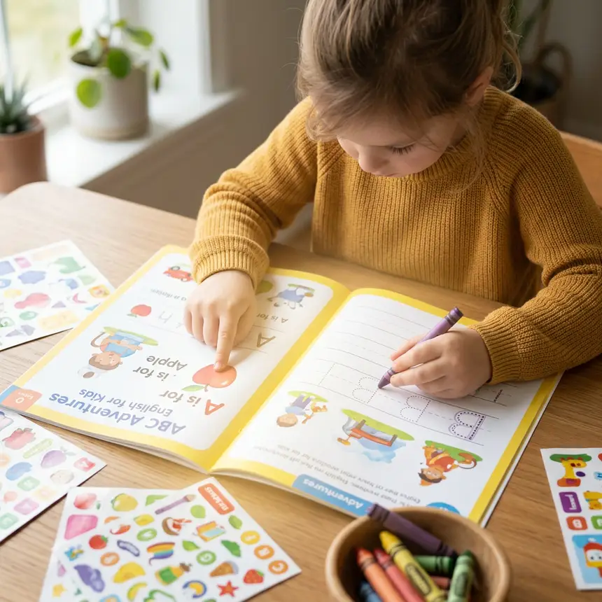 Child's hands engaging with English learning materials