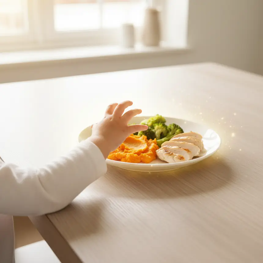 Healthy child eating, kids' meal conclusion