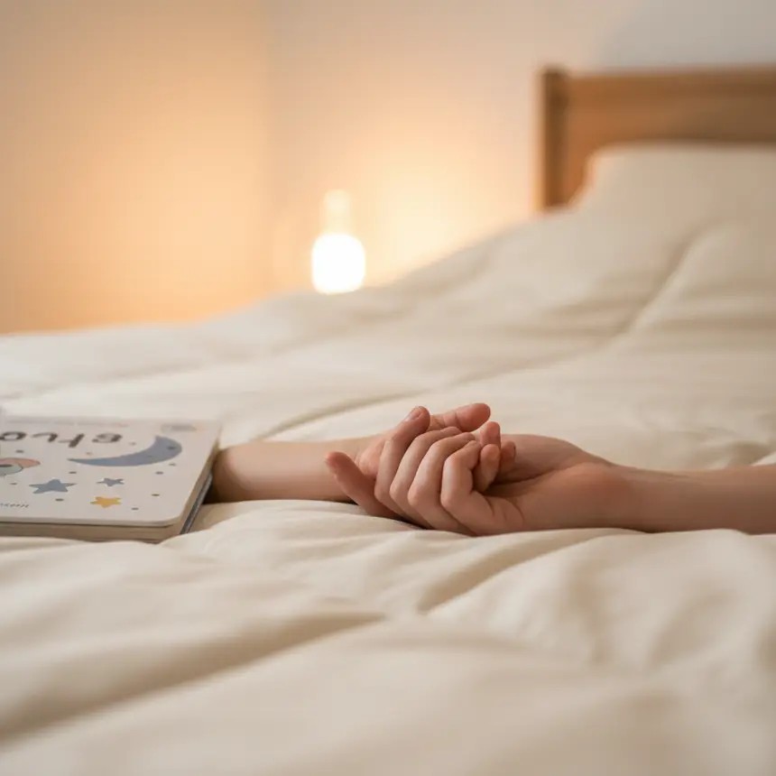 Calming bedtime routine, soft lighting, storybook