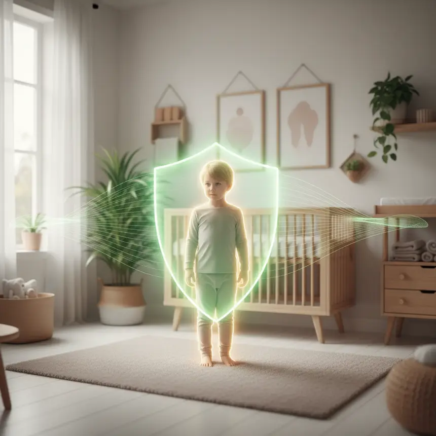Child protection, health glow, green shield